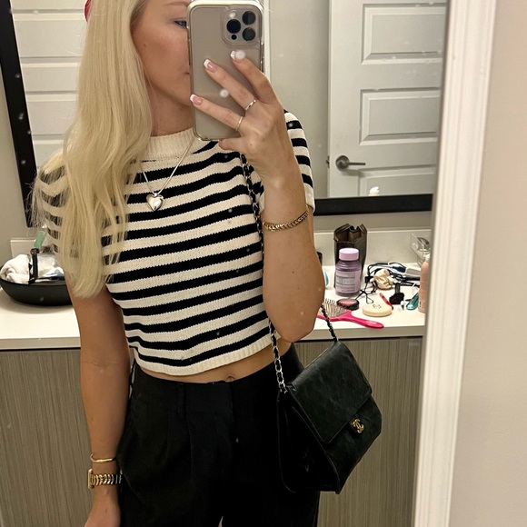 Navy & Cream Zara Knit Sweater Striped Top Small - Picture 2 of 4